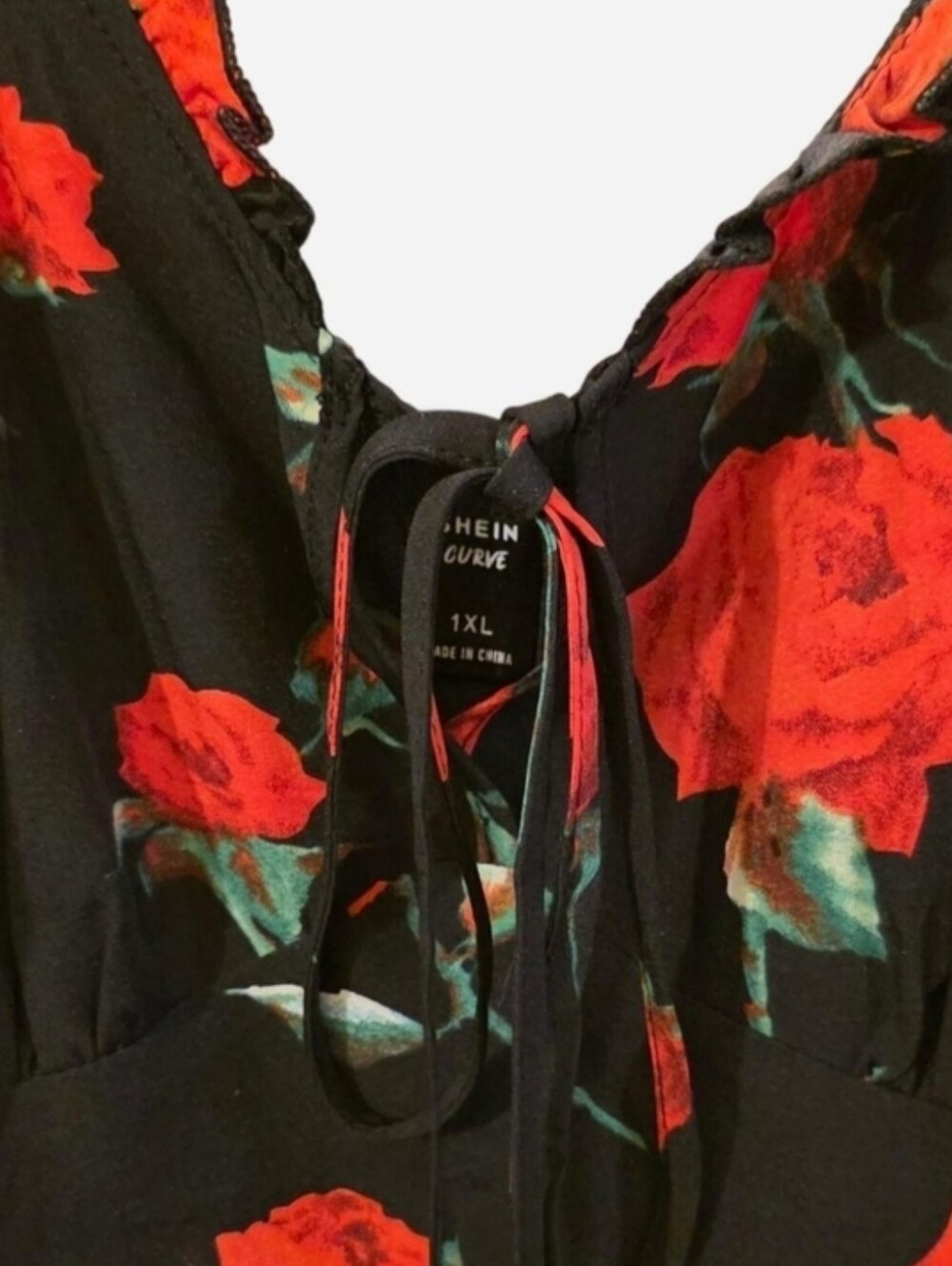 SHEIN Curve Black Midi Slip Dress w/Red Rose Print Ruffule & Tie Detail - Picture 9 of 11